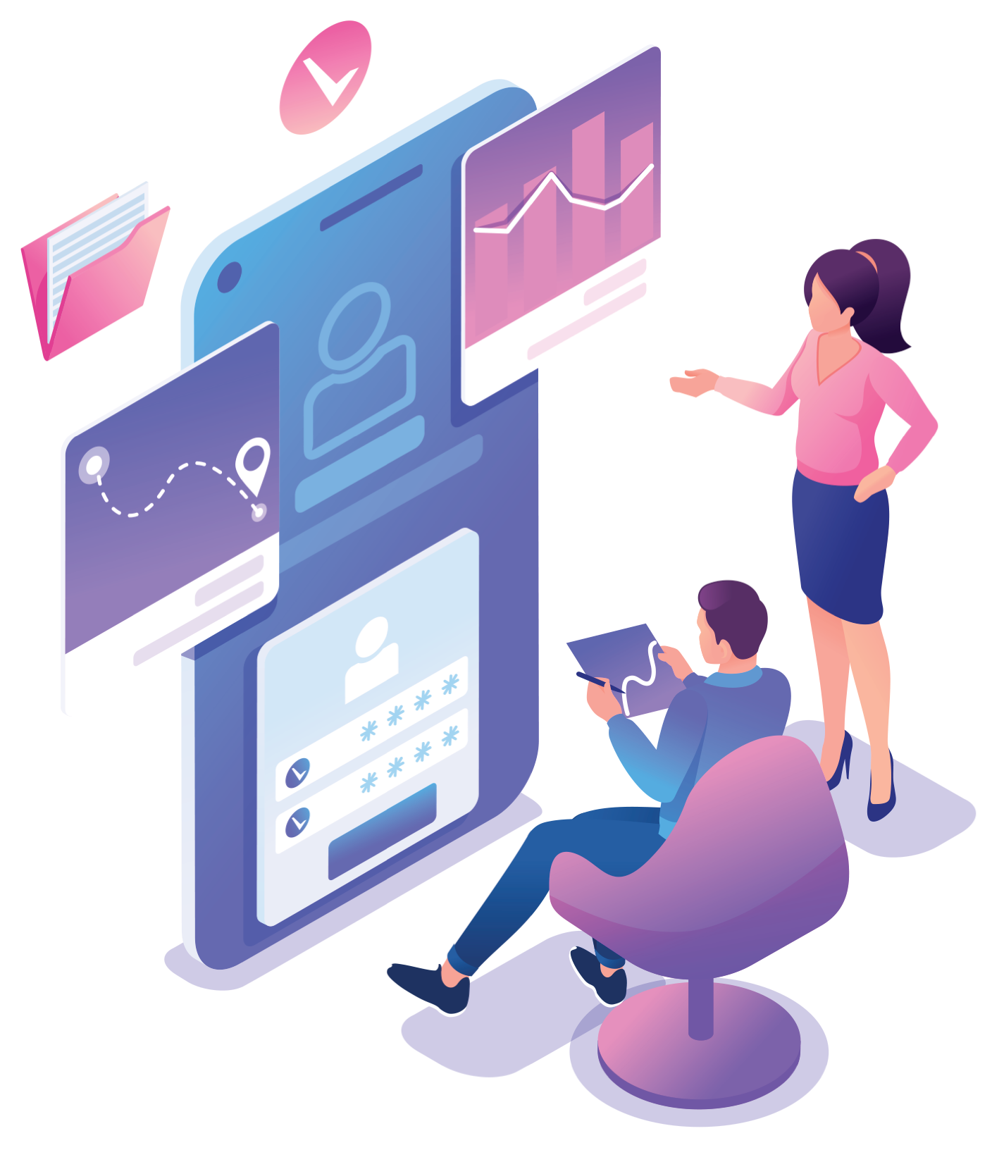 Foto em desenho de personagens analisando métricas do seu vídeo. Pessoas vendo a gestão dos vídeos.