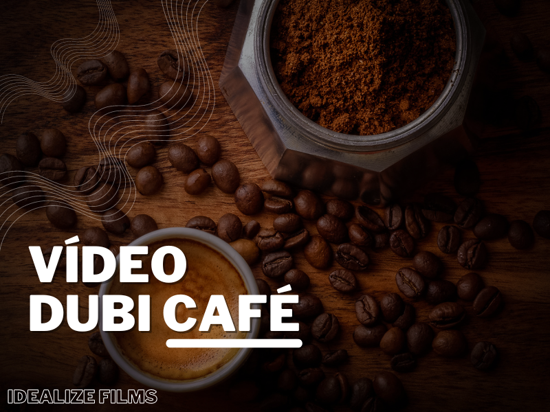 Imagem com grãos de café, uma xícara de café e pó de café. Esta imagem ilustra uma capa para um vídeo da empresa dubi café localizada no shopping praia de caraguatatuba.
